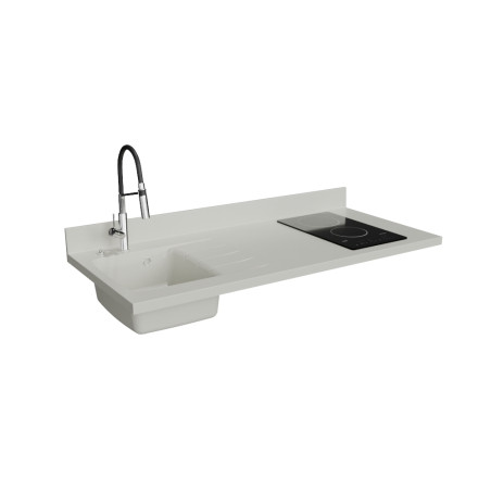 Plan de travail monobloc PlaniQuartz pour cuisine avec évier à gauche blanc - 140 cm 