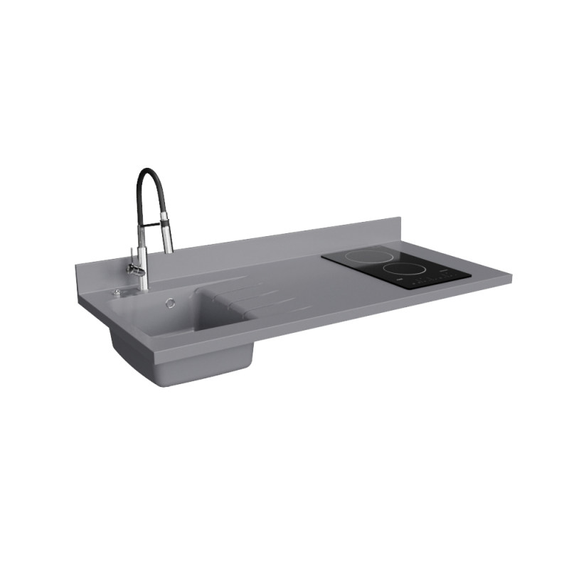 Plan de travail monobloc PlaniQuartz pour cuisine avec évier à gauche gris - 140 cm Plan de travail monobloc PlaniQuartz pour cuisine avec évier à gauche gris - 140 cm