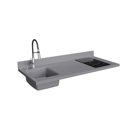 Plan de travail monobloc PlaniQuartz pour cuisine avec évier à gauche gris - 140 cm 