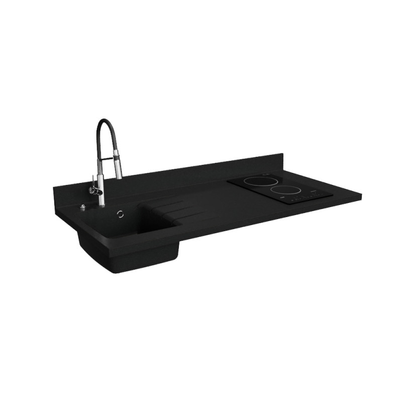 Plan de travail monobloc PlaniQuartz pour cuisine avec évier à gauche noir - 140 cm Plan de travail monobloc PlaniQuartz pour cuisine avec évier à gauche noir - 140 cm