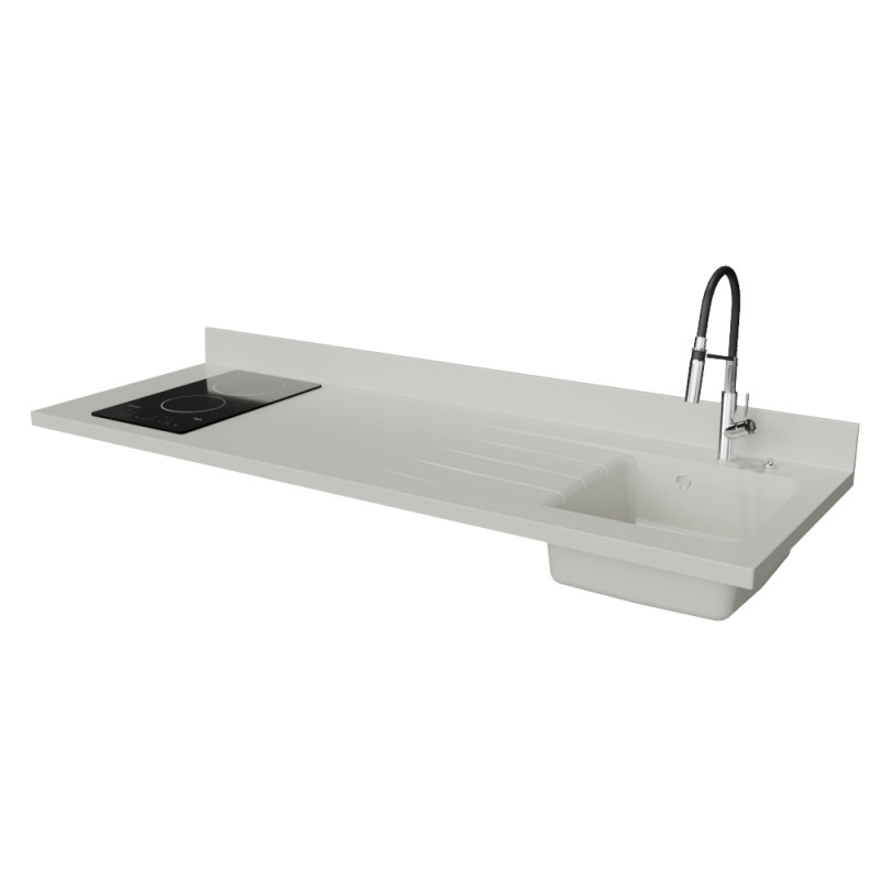 Plan de travail monobloc PlaniQuartz avec évier à droite blanc - 180 cm Plan de travail monobloc PlaniQuartz avec évier à droite blanc - 180 cm