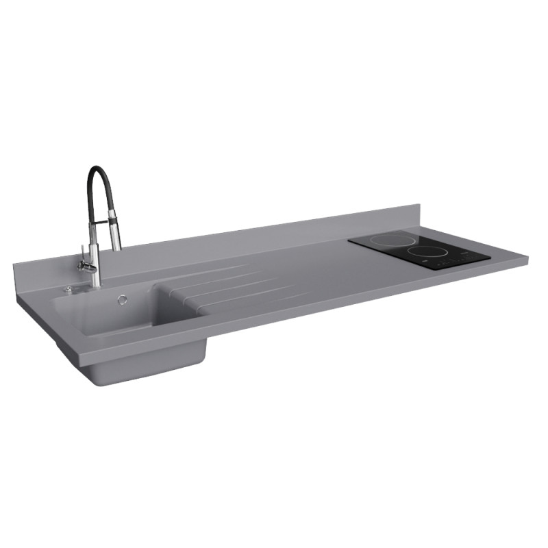Plan de travail monobloc PlaniQuartz avec évier à gauche gris - 180 cm Plan de travail monobloc PlaniQuartz avec évier à gauche gris - 180 cm