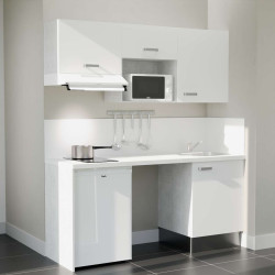 Kitchenette 180 cm K55L : façades blanches, plan de travail et crédences blanc, frigo top, micro-ondes et hotte blanc