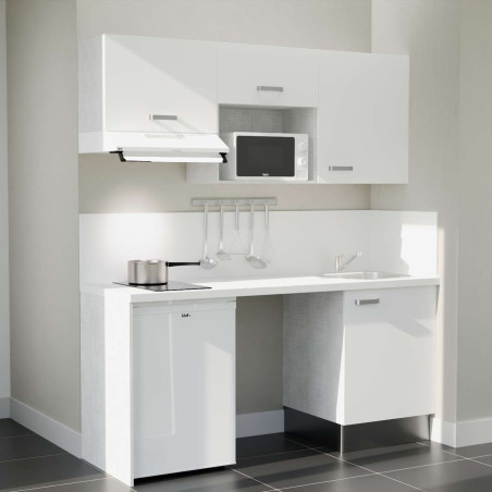 Kitchenette 180 cm K55L : façades blanches, plan de travail et crédences blanc, frigo top, micro-ondes et hotte blanc