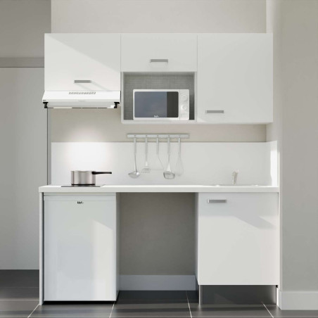 Kitchenette 180 cm K55L : façades blanches, plan de travail et crédences blanc, frigo top, micro-ondes et hotte blanc
