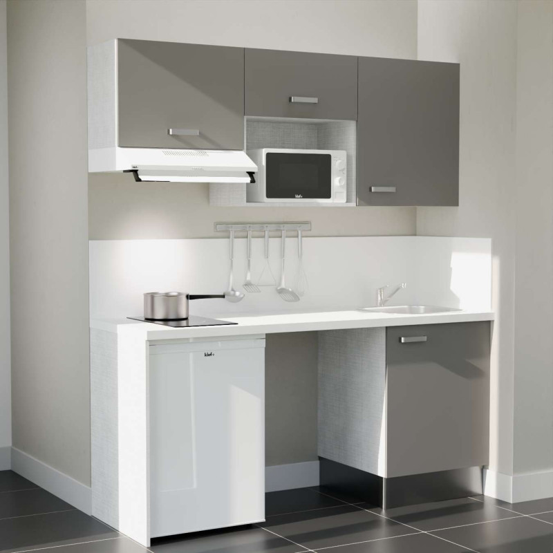 Kitchenette 180 cm K55L : façades grises, plan de travail et crédences blanc, frigo top, micro-ondes et hotte blanc Kitchenette 180 cm K55L : façades grises, plan de travail et crédences blanc, frigo top, micro-ondes et hotte blanc