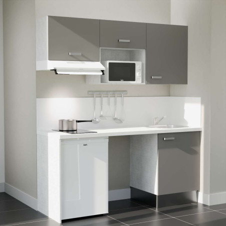 Kitchenette 180 cm K55L : façades grises, plan de travail et crédences blanc, frigo top, micro-ondes et hotte blanc