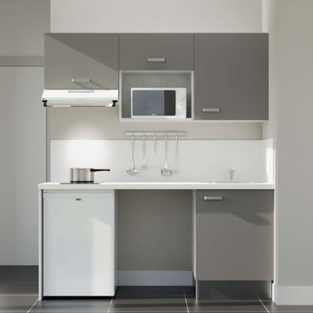 Kitchenette 180 cm K55L : façades grises, plan de travail et crédences blanc, frigo top, micro-ondes et hotte blanc