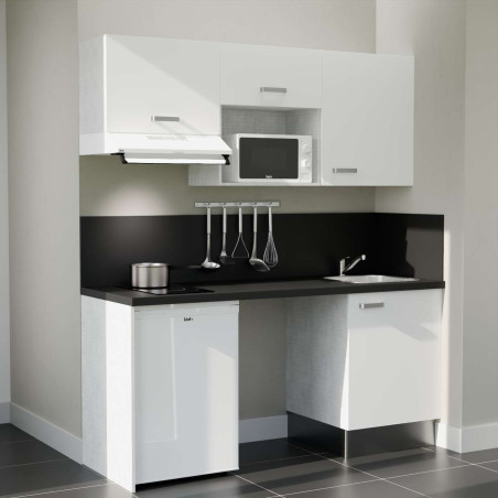 Kitchenette 180 cm K55L : façades blanches, plan de travail et crédences noir, frigo top, micro-ondes et hotte blanc