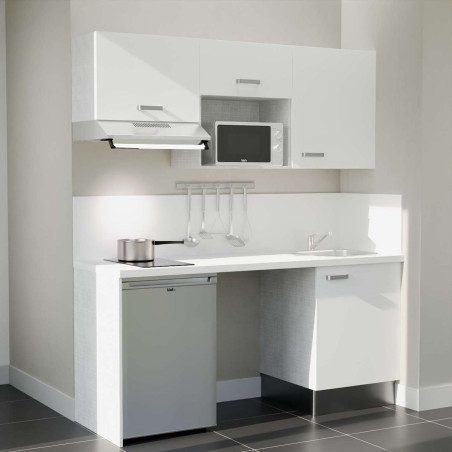 Kitchenette 180 cm K55L : façades blanches, plan de travail et crédences blanc, frigo top, micro-ondes et hotte gris