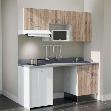 Kitchenette 180 cm K55L équipée avec électroménager blanc inclus - façades blanches, plan travail gris évier à droite