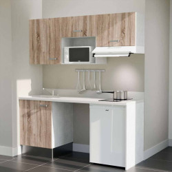 Kitchenette 180 cm K55L équipée avec électroménager blanc inclus - façades bois, plan travail blanc évier à gauche