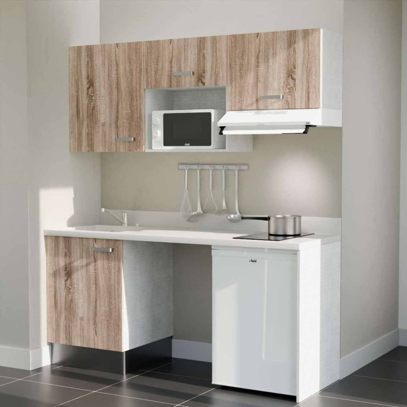 Kitchenette 180 cm K55L équipée avec électroménager blanc inclus - façades bois, plan travail blanc évier à gauche Kitchenette 180 cm K55L équipée avec électroménager blanc inclus - façades bois, plan travail blanc évier à gauche
