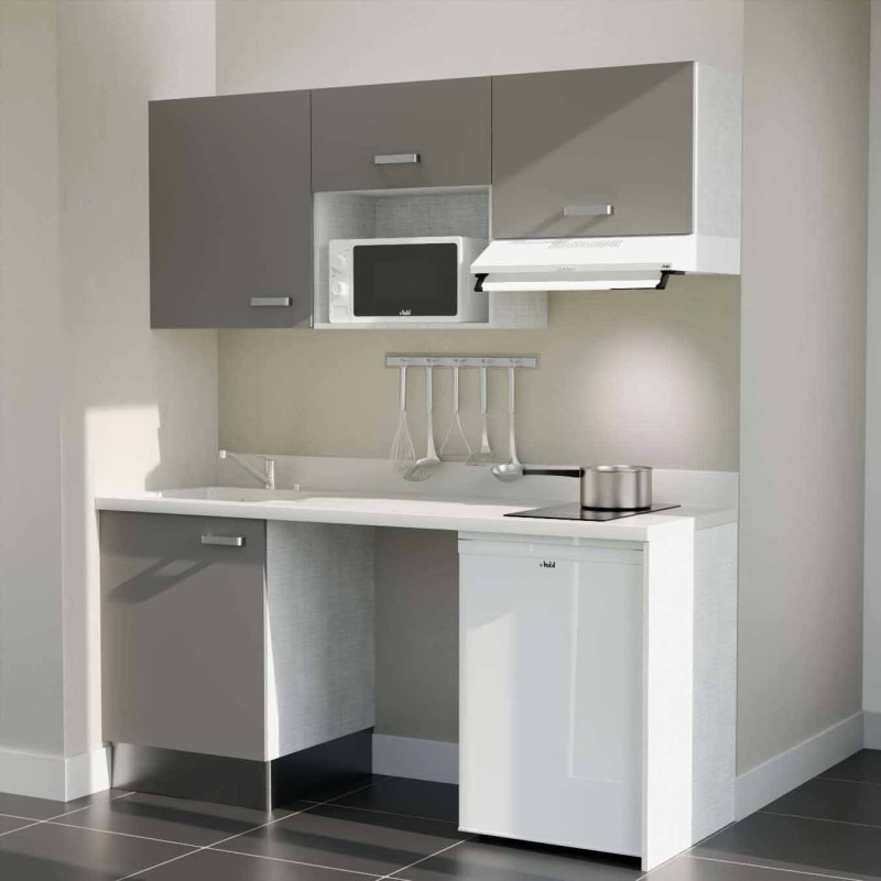Kitchenette 180 cm K55L équipée avec électroménager blanc inclus - façades grises, plan travail blanc évier à gauche Kitchenette 180 cm K55L équipée avec électroménager blanc inclus - façades grises, plan travail blanc évier à gauche