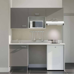 Kitchenette 180 cm K55L équipée avec électroménager blanc inclus - façades grises, plan travail blanc évier à gauche
