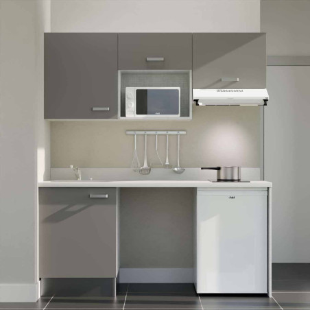Kitchenette 180 cm K55L équipée avec électroménager blanc inclus - façades grises, plan travail blanc évier à gauche