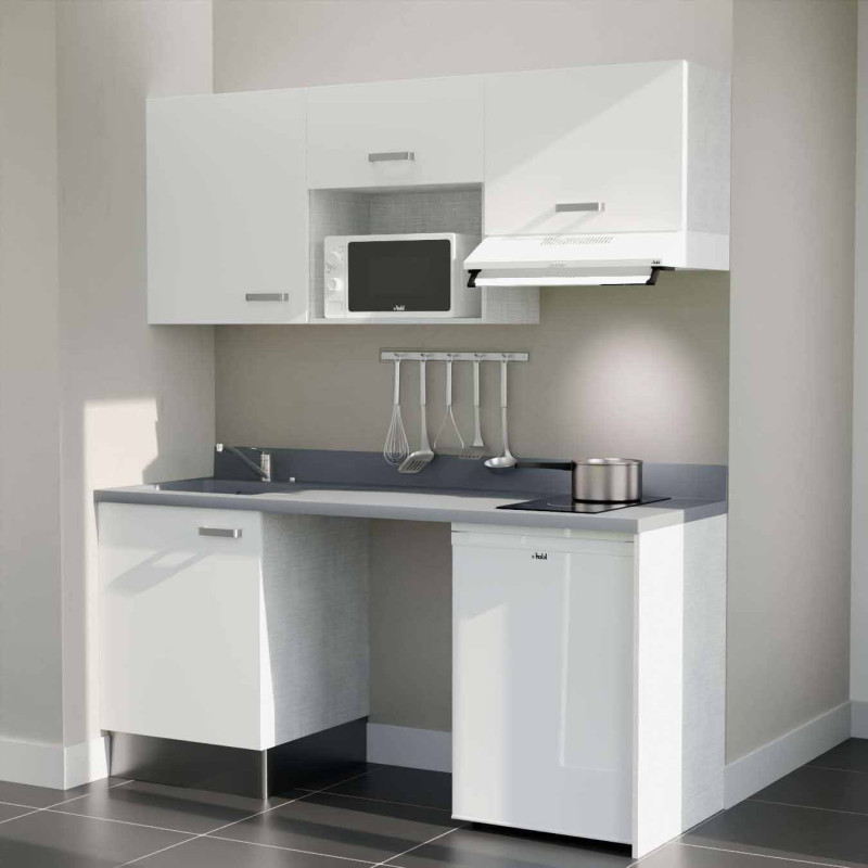 Kitchenette 180 cm K55L équipée avec électroménager blanc inclus - façades blanches, plan travail gris évier à gauche Kitchenette 180 cm K55L équipée avec électroménager blanc inclus - façades blanches, plan travail gris évier à gauche