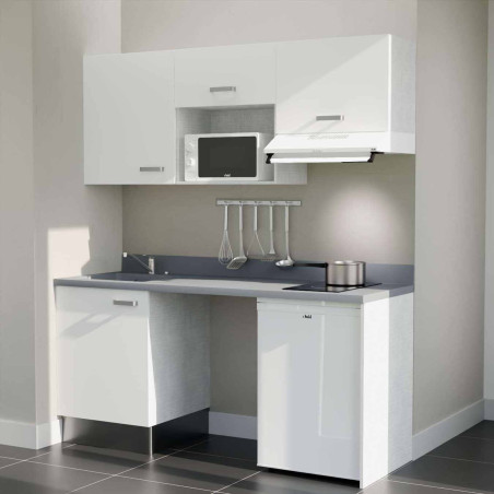 Kitchenette 180 cm K55L équipée avec électroménager blanc inclus - façades blanches, plan travail gris évier à gauche