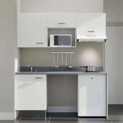 Kitchenette 180 cm K55L équipée avec électroménager blanc inclus - façades blanches, plan travail gris évier à gauche