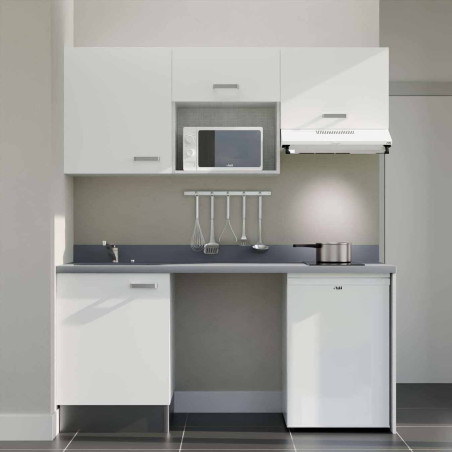 Kitchenette 180 cm K55L équipée avec électroménager blanc inclus - façades blanches, plan travail gris évier à gauche