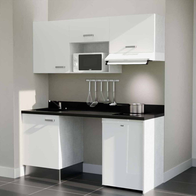 Kitchenette 180 cm K55L équipée avec électroménager blanc inclus - façades blanches, plan travail noir évier à gauche Kitchenette 180 cm K55L équipée avec électroménager blanc inclus - façades blanches, plan travail noir évier à gauche