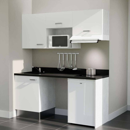 Kitchenette 180 cm K55L équipée avec électroménager blanc inclus - façades blanches, plan travail noir évier à gauche