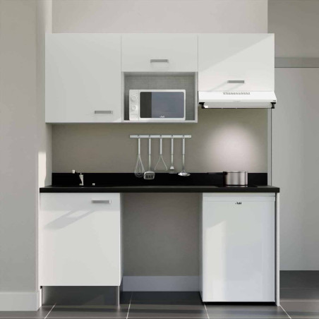 Kitchenette 180 cm K55L équipée avec électroménager blanc inclus - façades blanches, plan travail noir évier à gauche