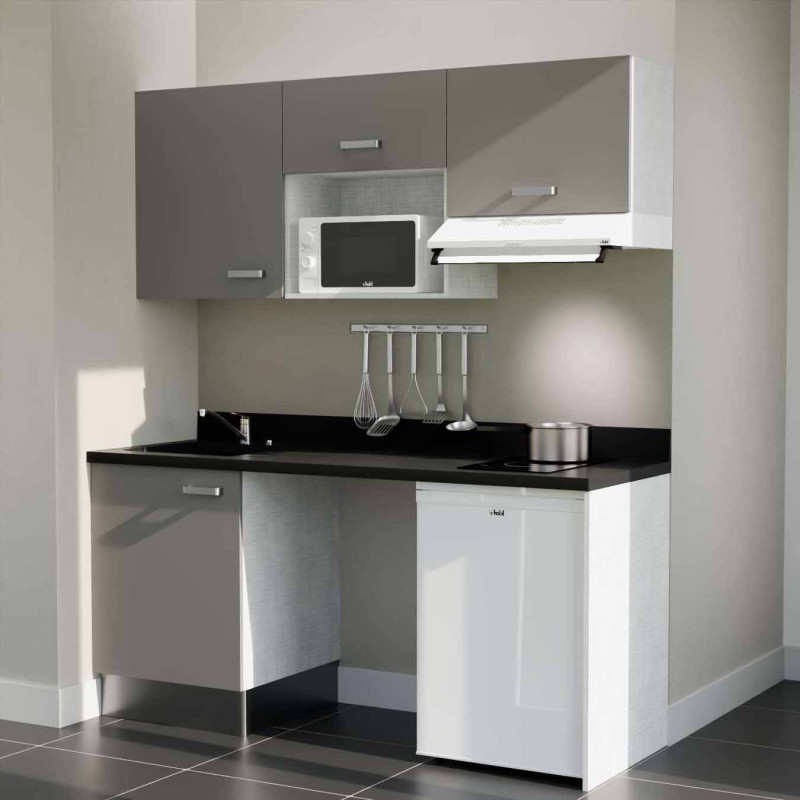 Kitchenette 180 cm K55L équipée avec électroménager blanc inclus - façades grises, plan travail noir évier à gauche Kitchenette 180 cm K55L équipée avec électroménager blanc inclus - façades grises, plan travail noir évier à gauche