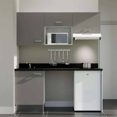 Kitchenette 180 cm K55L équipée avec électroménager blanc inclus - façades grises, plan travail noir évier à gauche
