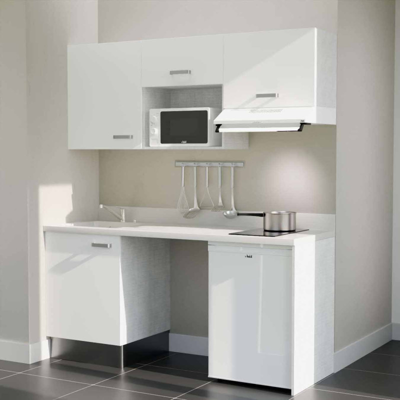 Kitchenette 180 cm K55L équipée avec électroménager blanc inclus - façades blanches, plan travail blanc évier à gauche Kitchenette 180 cm K55L équipée avec électroménager blanc inclus - façades blanches, plan travail blanc évier à gauche