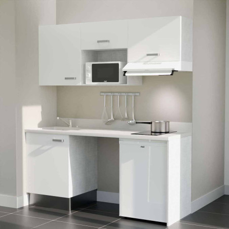 Kitchenette 180 cm K55L équipée avec électroménager blanc inclus - façades blanches, plan travail blanc évier à gauche