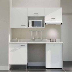 Kitchenette 180 cm K55L équipée avec électroménager blanc inclus - façades blanches, plan travail blanc évier à gauche