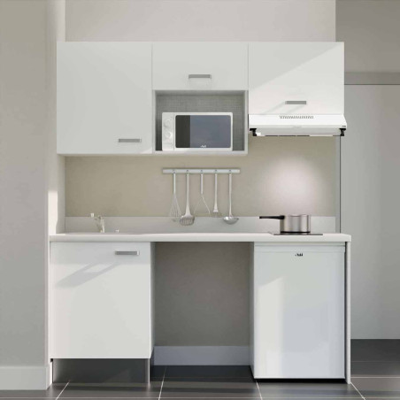 Kitchenette 180 cm K55L équipée avec électroménager blanc inclus - façades blanches, plan travail blanc évier à gauche
