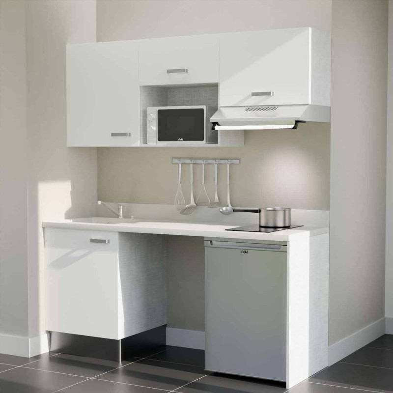 Kitchenette 180 cm K55L équipée avec électroménager inox inclus - façades blanches, plan travail blanc évier à gauche Kitchenette 180 cm K55L équipée avec électroménager inox inclus - façades blanches, plan travail blanc évier à gauche