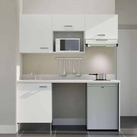 Kitchenette 180 cm K55L équipée avec électroménager inox inclus - façades blanches, plan travail blanc évier à gauche