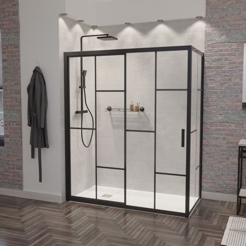 Paroi de douche d'angle effet verrière ATELIA coulissante avec retour fixe 160 cm x 80 cm Paroi de douche d'angle effet verrière ATELIA coulissante avec retour fixe 160 cm x 80 cm
