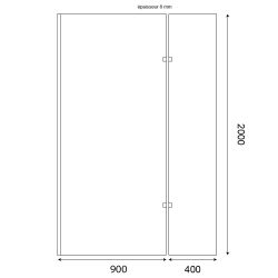 Dimensions paroi de douche fixe CALYPSO verre 8 mm avec volet pivotant - 90+40 x 200cm