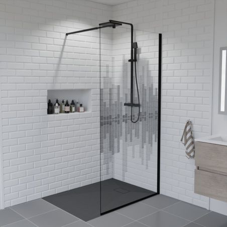 Paroi de douche fixe 100 cm sérigraphié MANHATTAN - Profilé noir - Verre 8 mm