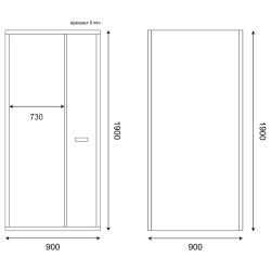 Dimensions paroi de douche d'angle porte rentrante 90 cm CLEVER - Profilé chromé - Verre 6 mm sérigraphié