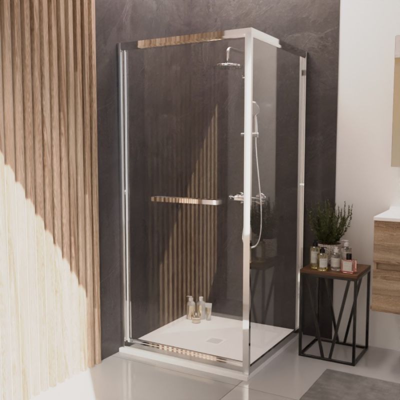 Paroi de douche d'angle porte rentrante 90 cm CLEVER - Profilé chromé - Verre 6 mm sérigraphié Paroi de douche d'angle porte rentrante 90 cm CLEVER - Profilé chromé - Verre 6 mm sérigraphié