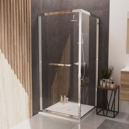 Paroi de douche d'angle porte rentrante 90 cm CLEVER - Profilé chromé - Verre 6 mm sérigraphié