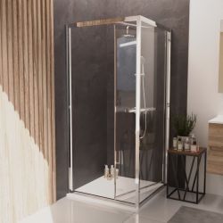 Paroi de douche d'angle porte rentrante 90 cm CLEVER - Profilé chromé - Verre 6 mm sérigraphié