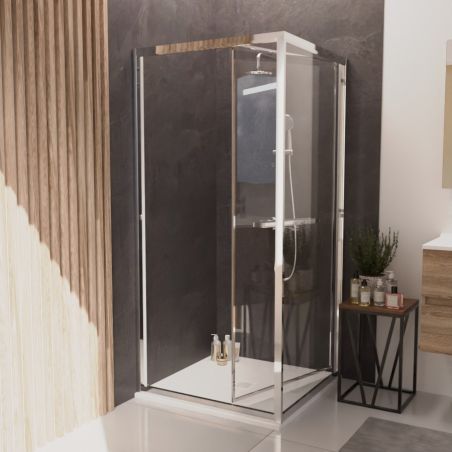 Paroi de douche d'angle porte rentrante 90 cm CLEVER - Profilé chromé - Verre 6 mm sérigraphié