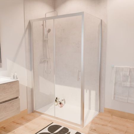 Paroi d'angle NERINA - Porte coulissante 120 cm + Retour fixe 80 cm - Profilé chromé