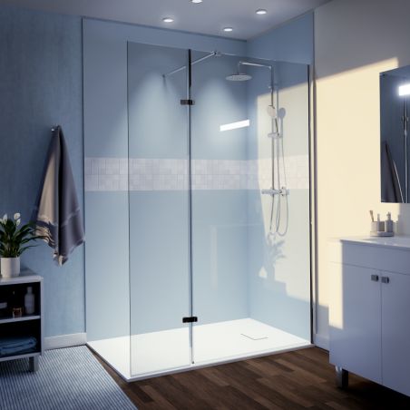 Paroi de douche fixe effet miroir avec volet pivotant STURDY 100 cm + 40 cm - Profilé chromé - Verre 10 mm