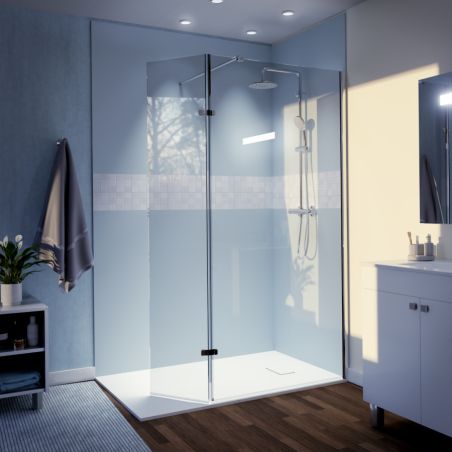 Paroi de douche fixe effet miroir avec volet pivotant STURDY 100 cm + 40 cm - Profilé chromé - Verre 10 mm