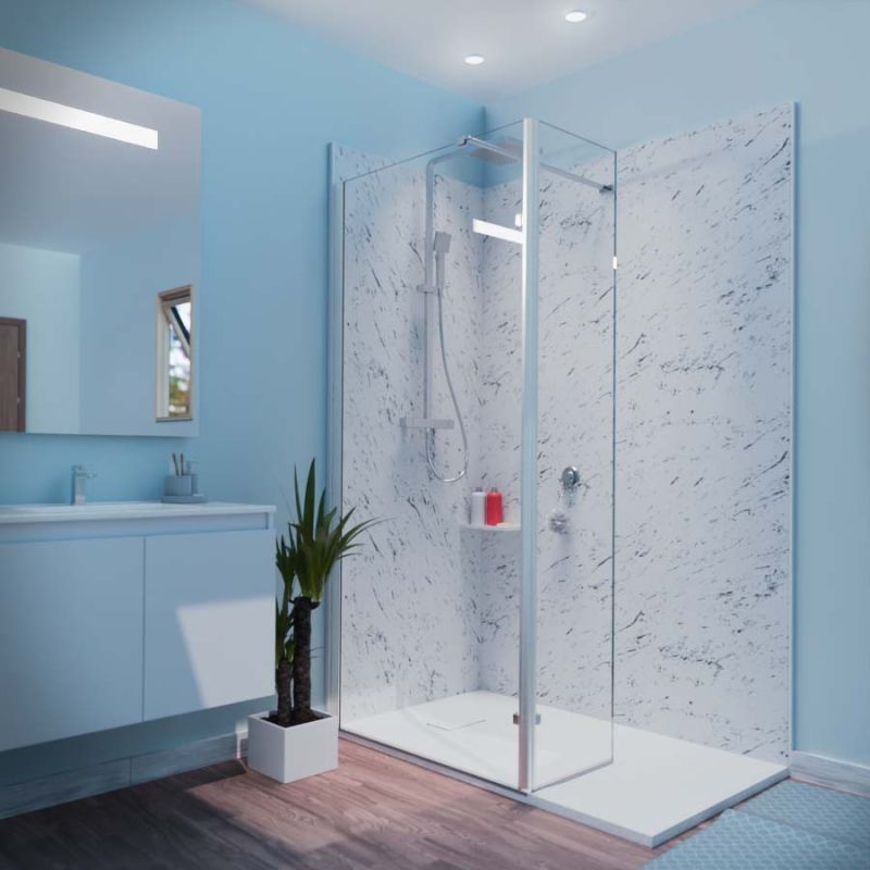 Paroi de douche fixe avec volet pivotant 90 cm + volet pivotant 40 cm CALYPSO - Profilé chromé - Verre 8 mm Paroi de douche fixe avec volet pivotant 90 cm + volet pivotant 40 cm CALYPSO - Profilé chromé - Verre 8 mm