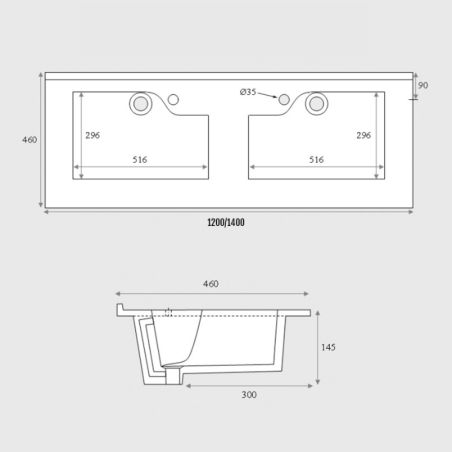 Plan double vasque en résine RESILOGE - 120 x 46 cm