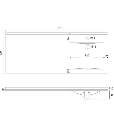Plan simple vasque déportée à droite en résine RESIPLAN - 151 x 60 cm 