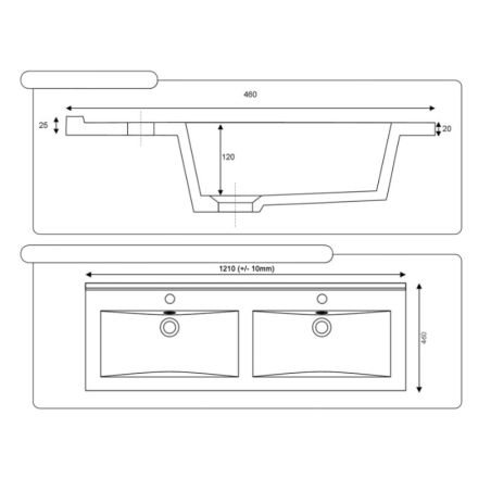 Plan double vasque en céramique CERAPLAN v2 - 120 x 46 cm